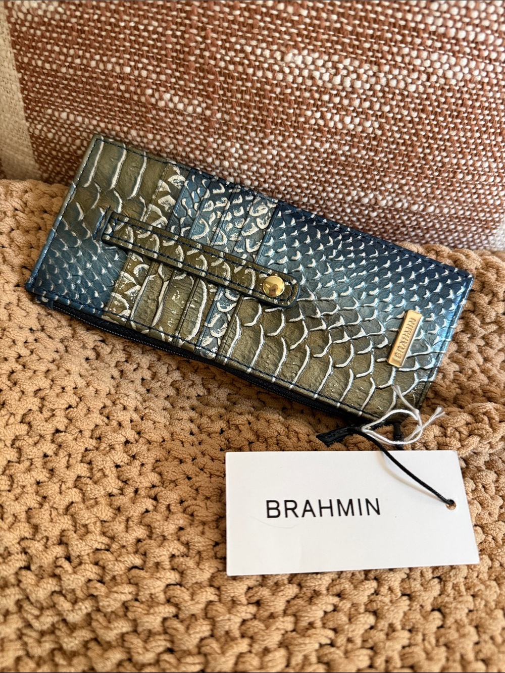 Brahmin Teal and Olive Embossed Leather Wallet with Gold Accents